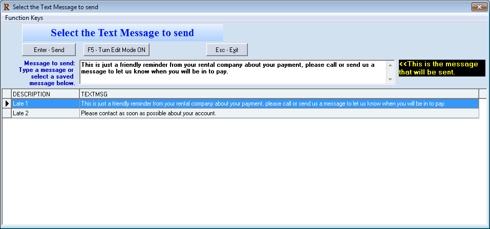 Text MSG selection screen