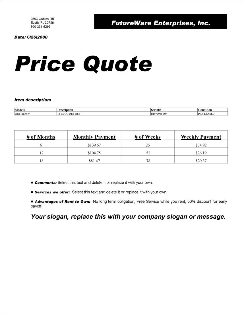 Sample Printout: Price Quote